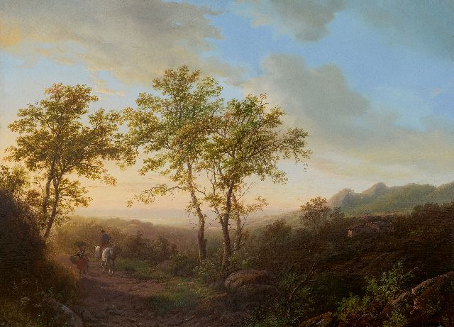 Willem Bodeman | Heuvelachtig landschap bij avondschemering, olieverf op paneel, 38,6 x 52,0 cm, gesigneerd r.o. en gedateerd 1842
