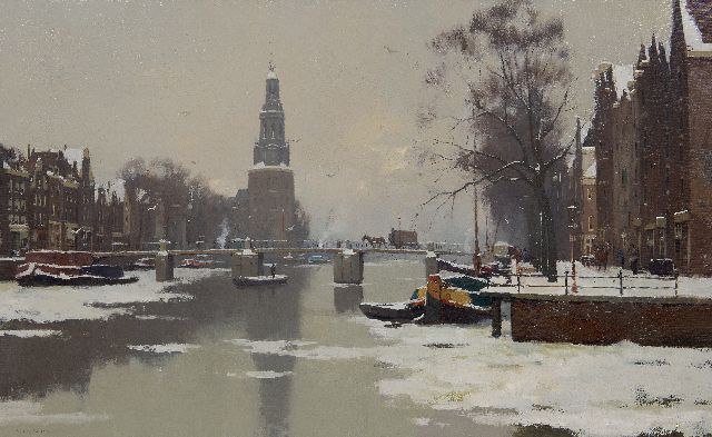 Ligtelijn E.J.  | Winters gezicht op de Montelbaanstoren in Amsterdam, olieverf op doek 56,8 x 90,6 cm, gesigneerd l.o.