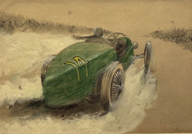 Onbekend   | Raceauto nr. 14 in actie (set van 5), potlood, aquarel en gouache op papier 20,0 x 28,9 cm, gesigneerd r.o.