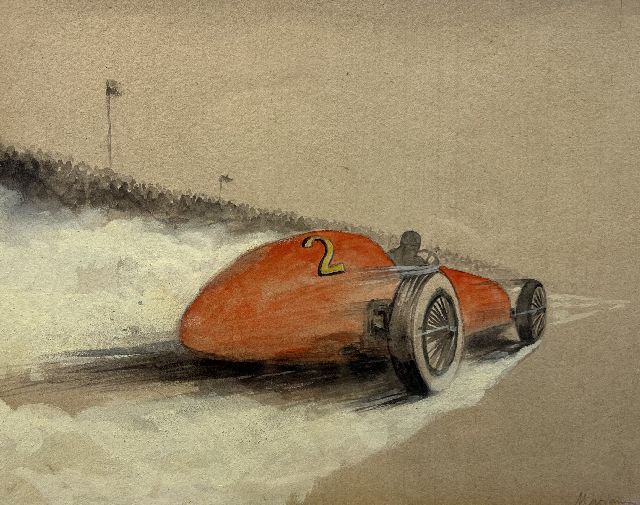 Onbekend | Raceauto nr. 2 in actie  (set van 5), potlood, aquarel en gouache op papier, 19,4 x 25,0 cm, gesigneerd r.o.