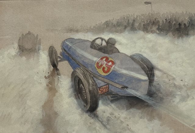 Onbekend | Raceauto nr. 69 in actie  (set van 5), potlood, aquarel en gouache op papier, 20,0 x 29,1 cm, gesigneerd l.o.