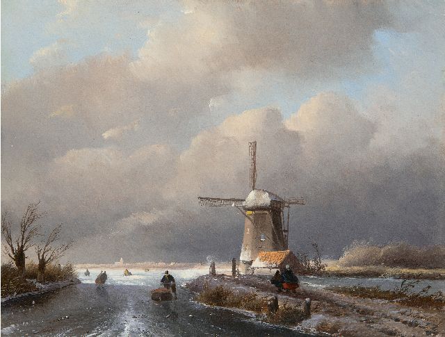Jan Jacob Spohler | IJsgezicht met schaatsers bij een molen op een bewolkte dag, olieverf op paneel, 24,1 x 31,7 cm, gesigneerd r.o.