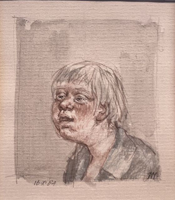 Vos P.A.C.A.  | Portret van een jongen, potlood en aquarel op papier 11,7 x 10,1 cm, gesigneerd r.o. (in potlood) en gedateerd 16.X.'84