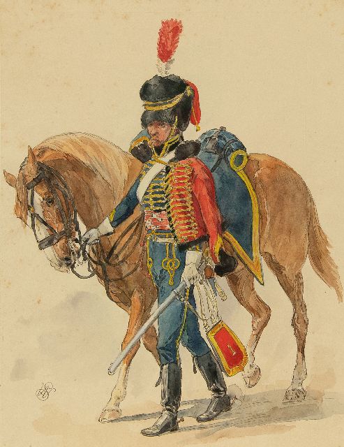 Staring W.C.  | Dragonder naast zijn paard, inkt en aquarel op papier 29,5 x 22,6 cm, gesigneerd l.o. met monogram
