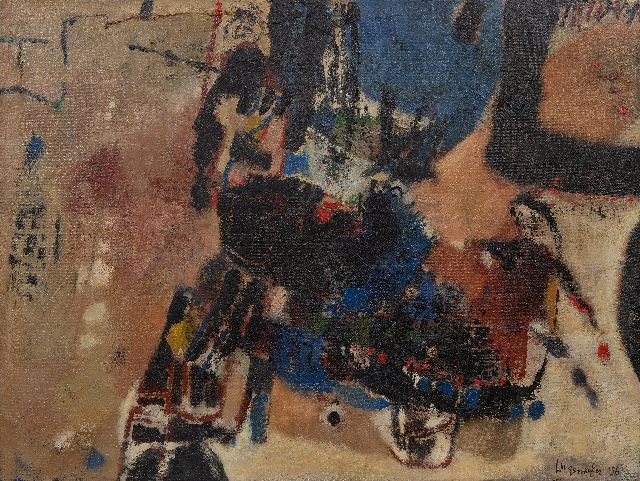 Wagemaker A.B.  | Compositie, olieverf en zand op doek 76,2 x 100,6 cm, gesigneerd r.o. en op spieraam en gedateerd '56