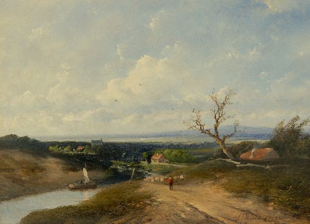 Madlener A.J.  | Panoramisch landschap met herder en schapen, olieverf op paneel 21,7 x 29,7 cm, gesigneerd r.o. en gedateerd '54