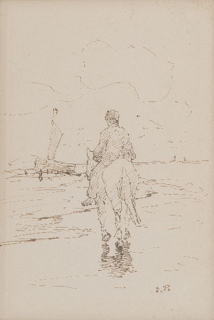 Pieters E.  | Lijnhaalder te paard op het strand, inkt op papier 32,5 x 22,2 cm, gesigneerd r.o. met monogram