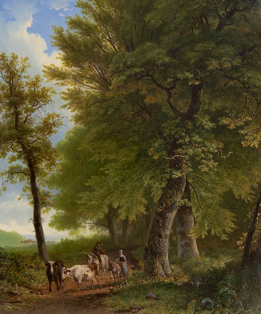 Bodeman W.  | Een boerin met vee en een reiziger op een bospad, olieverf op paneel 58,8 x 49,0 cm, gesigneerd l.o.