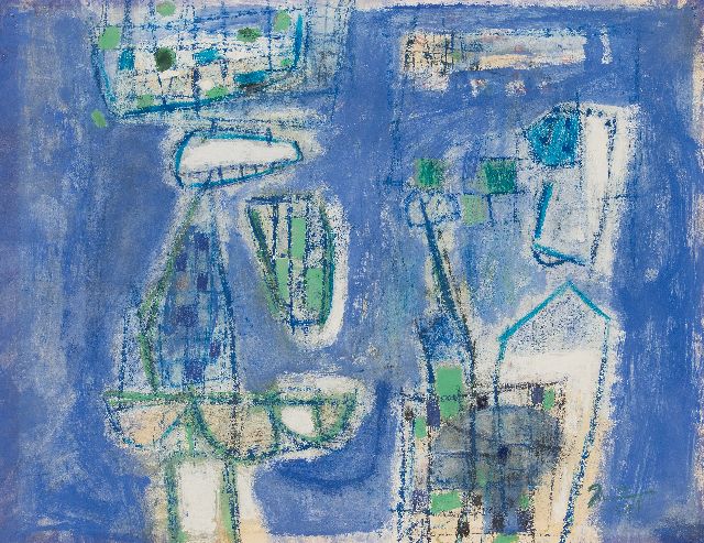 Nanninga J.  | Compositie op blauw fond, gouache en krijt op papier 48,0 x 61,5 cm, gesigneerd r.o. en gedateerd '59