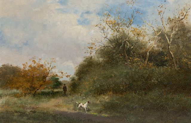 Eerelman O.  | Duinlandschap met jager en zijn hond, olieverf op paneel 25,3 x 38,5 cm, gesigneerd r.o.