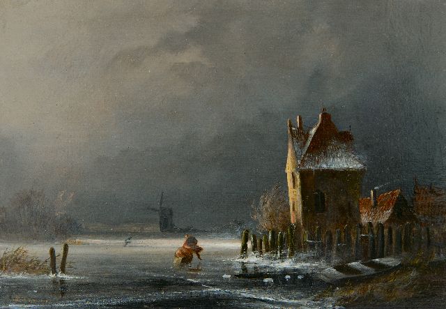 Hellenberg Hubar J.M.A. van | Winterlandschap bij naderende sneeuwstorm, olieverf op paneel 14,9 x 21,3 cm
