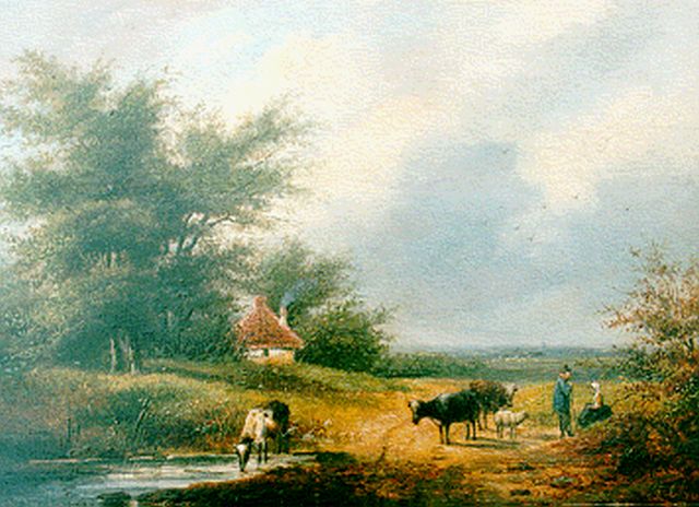 Hendriks G.  | Zomers landschap met vee, olieverf op paneel 21,6 x 30,2 cm, gesigneerd r.o. met A. Christ