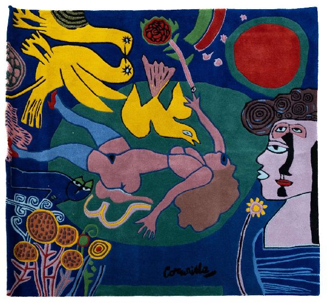 Corneille | Tapijt Femme à la fleur, wol, gekleurd, 205,0 x 206,0 cm, gesigneerd l.o. (in het tapijt)