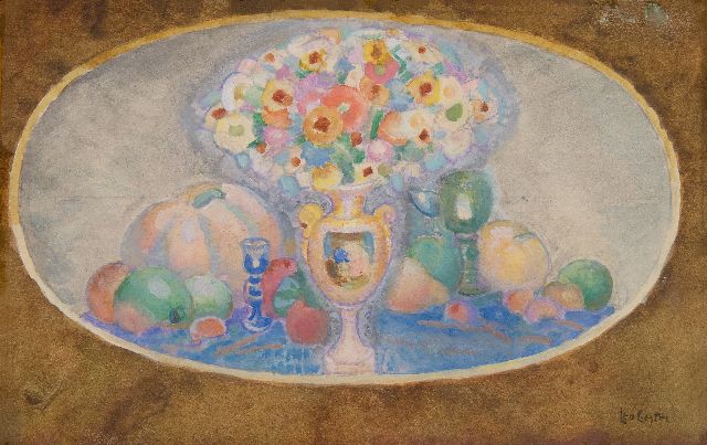 Gestel L.  | Medaillon met bloemstilleven, aquarel op papier 15,3 x 22,9 cm, gesigneerd r.o.
