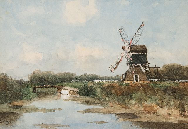 Victor Bauffe | Poldervaart met molen in vreugdestand, aquarel op papier, 17,7 x 25,5 cm, gesigneerd l.o.