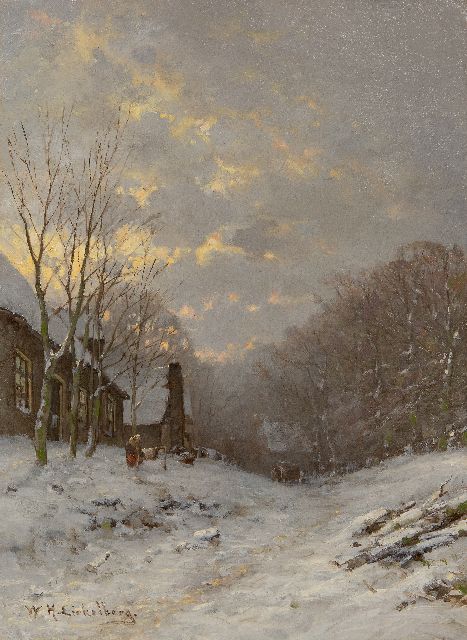 Willem Hendrik Eickelberg | Een besneeuwde bosweg, olieverf op doek, 45,4 x 33,4 cm, gesigneerd l.o. en zonder lijst
