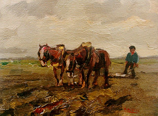 Cor Noltee | Ploegende boer, olieverf op doek, 18,0 x 24,0 cm, gesigneerd r.o.