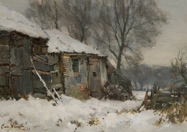 Windt Ch. van der | Boerderij in de sneeuw, olieverf op doek op paneel 21,5 x 29,8 cm, gesigneerd l.o. en gedateerd '39