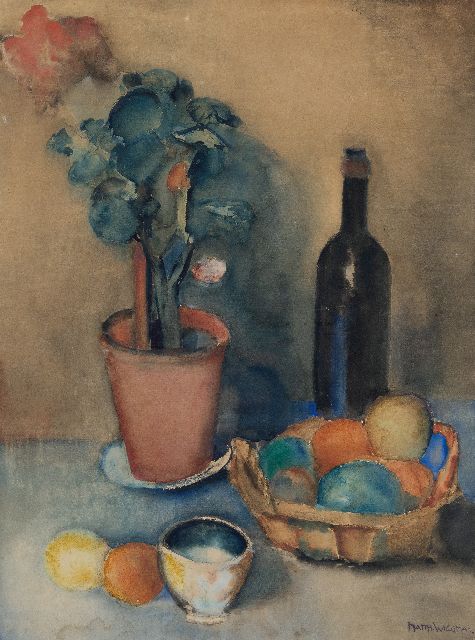Wiegman M.J.M.  | Stilleven met geranium, fruit en wijnfles, aquarel op papier 73,0 x 54,1 cm, gesigneerd r.o.