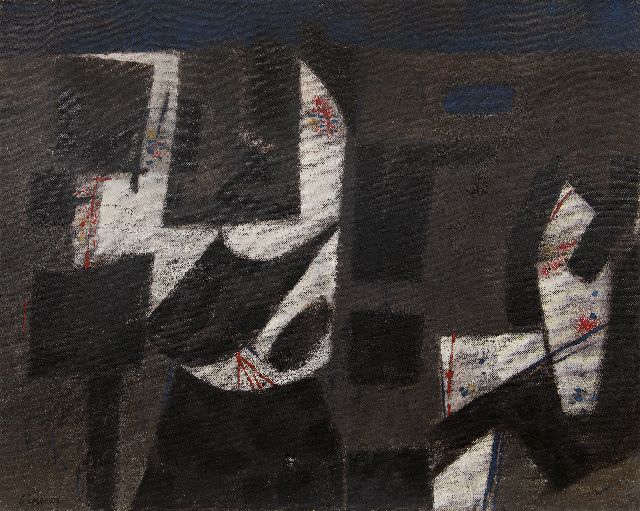 Bitter T.  | Compositie op zwart, olieverf op doek 80,3 x 100,3 cm, gesigneerd l.o. en verso en gedateerd '62
