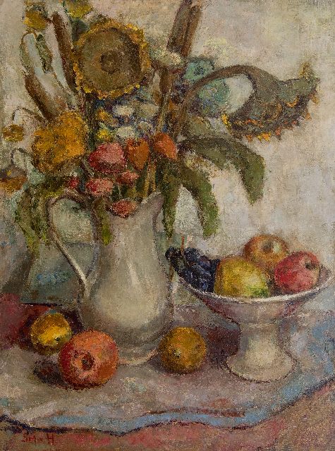 Mesdag-van Houten S.  | Stilleven met zonnebloemen en fruit, olieverf op doek 80,7 x 60,2 cm, gesigneerd l.o. en niet ingelijst