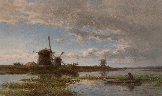 Roelofs W.  | Polderlandschap met molens en een hengelaar, olieverf op paneel 24,3 x 40,4 cm, gesigneerd r.o. en gedateerd '56