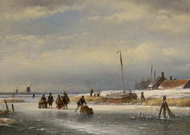 Lodewijk Johannes Kleijn | IJsgezicht met schaatsers en werksleden, olieverf op paneel, 23,0 x 31,7 cm, gesigneerd r.o. en zonder lijst