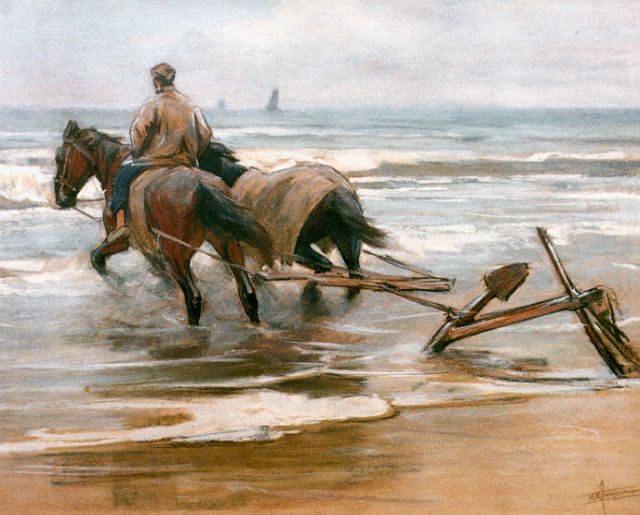 Jansen H.W.  | Strandgezicht met man, twee paarden en anker, pastel op papier 41,0 x 52,0 cm, gesigneerd r.o.