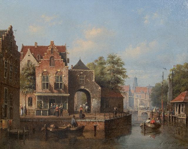 Andries Scheerboom | Bedrijvigheid aan de stadsgracht, olieverf op doek, 53,5 x 66,6 cm, gesigneerd r.o. en gedateerd 1856