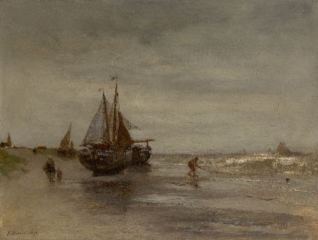 Maris J.H.  | Vissersboten in de branding bij Scheveningen, olieverf op doek 23,4 x 30,4 cm, gesigneerd l.o. en gedateerd 1870