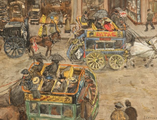 Cossaar J.C.W.  | Omnibussen in een Londense straat, potlood en aquarel op papier 38,8 x 55,8 cm, gesigneerd r.o.