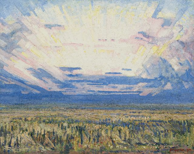 Gouwe A.H.  | Landschap bij zonsopgang, olieverf op doek 79,8 x 99,5 cm, gesigneerd r.o. en gedateerd 1914