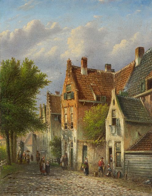 Johannes Franciscus Spohler | Bedrijvigheid in Hollands straatje, olieverf op doek, 45,4 x 35,6 cm, gesigneerd l.o. en geen lijst