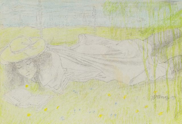 Toorop J.Th.  | Jonge vrouw, lezend in een boek 'Vrouwenrecht', potlood en krijt op papier 16,2 x 20,5 cm, gesigneerd r.o. en gedateerd 1897