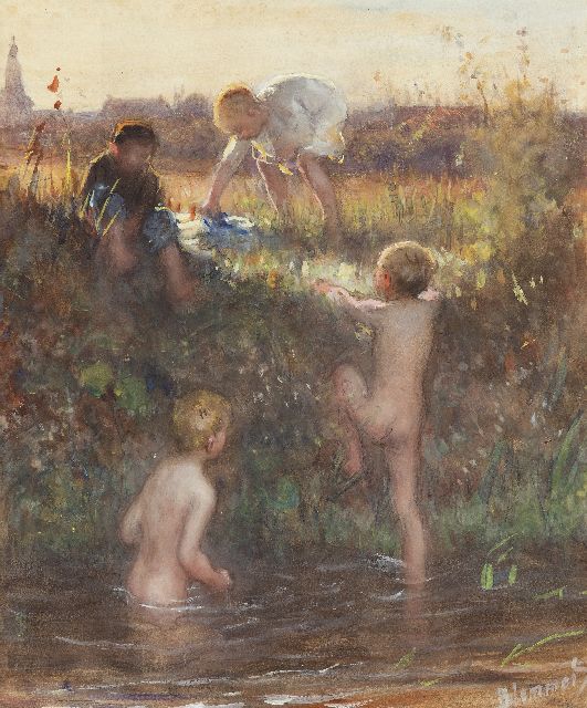 Blommers B.J.  | Badende kinderen in Het Kanaal, Scheveningen, aquarel op papier 38,9 x 32,3 cm, gesigneerd r.o. en te dateren ca. 1895-1907