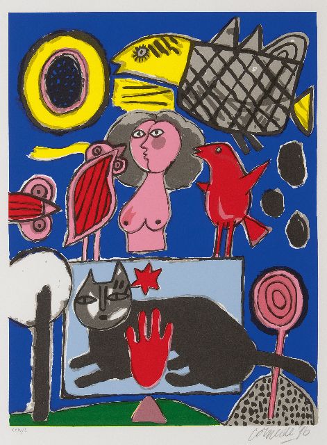 Corneille | Compositie met zwarte kat, roze vrouw en vogels, litho op papier, 47,6 x 35,7 cm, gesigneerd r.o. (in potlood) en gedateerd '96 (in potlood)