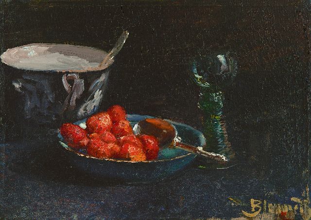 Blommers B.J.  | Aardbeien met slagroom en Rijnwijnglas, olieverf op doek 28,8 x 40,0 cm, gesigneerd r.o. en te dateren ca. 1880
