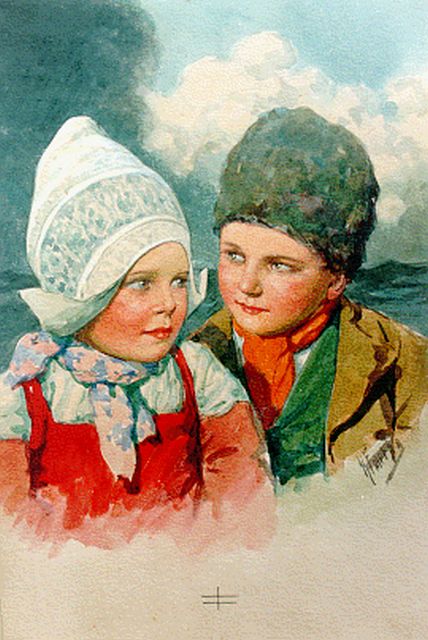 Feiertag K.  | Volendamse jongen en meisje, aquarel op papier 24,0 x 17,8 cm, gesigneerd r.o.