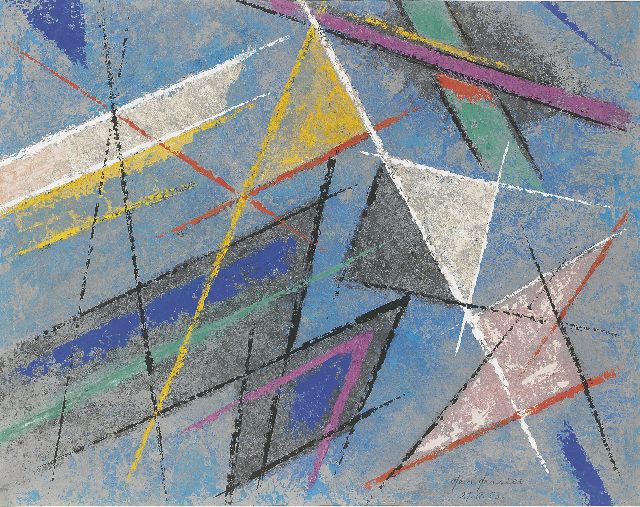 Gerrits G.J.  | Compositie met driehoeken, pastel en gouache op papier 42,0 x 53,0 cm, gesigneerd r.o. en gedateerd 27.8.53.