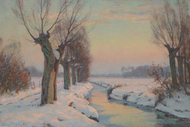 Johan Meijer | Sneeuwlandschap bij zonsopgang, olieverf op doek, 40,5 x 59,5 cm, gesigneerd l.o.