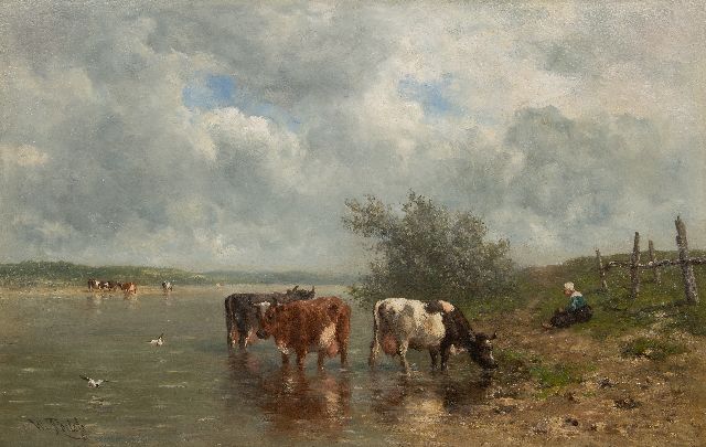 Roelofs W.  | Rivierlandschap met drinkende koeien, olieverf op doek 69,1 x 106,9 cm, gesigneerd l.o.