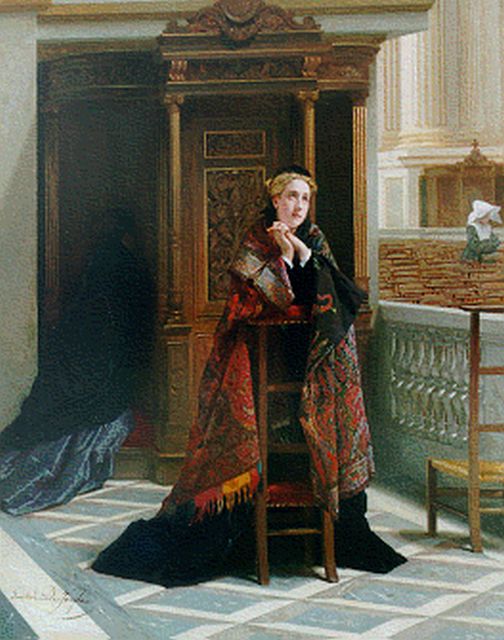 Gustave De Jonghe | De biecht, olieverf op paneel, 61,0 x 49,0 cm, gesigneerd l.o.