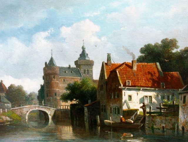 Eversen A.  | Zonnig stadsgezicht met kasteel op achtergrond, olieverf op paneel 19,2 x 25,6 cm, gesigneerd r.o. monogram