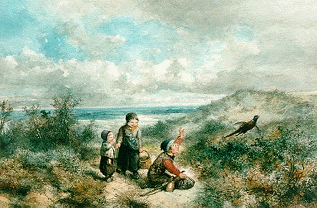 Mari ten Kate | Kinderen in de duinen, aquarel op papier, 34,5 x 50,0 cm, gesigneerd r.o.