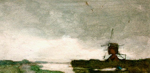 Weissenbruch H.J.  | Boot en molen in polderlandschap, aquarel op papier 21,0 x 35,0 cm, gesigneerd r.o.