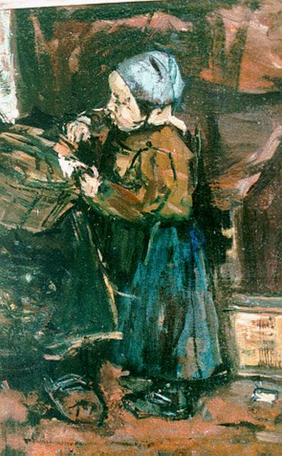 Robertson S.  | Staand meisje bij een mandje, olieverf op doek op paneel 34,3 x 22,9 cm