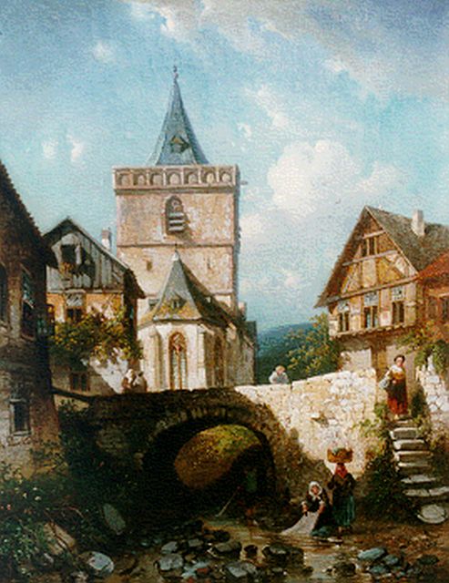 Charles Leickert | Dorpsgezicht in Assmannshausen, Duitsland, olieverf op doek, 45,0 x 35,4 cm, gesigneerd l.o. en te dateren ca. 1860
