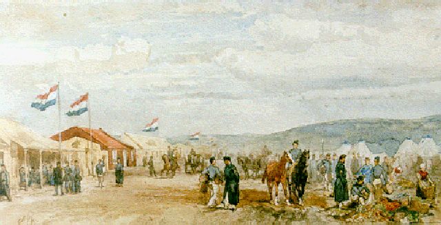 Rochussen Ch.  | Artilleriekamp in de duinen, aquarel op papier 17,5 x 34,5 cm, gesigneerd l.o. met initialen en gedateerd '62