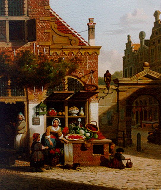 Jan Hendrik Verheijen | Stadsgezicht met fruitstal, olieverf op paneel, 20,6 x 17,8 cm, gesigneerd op deur