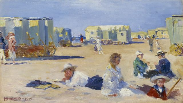 Luns H.M.  | Zonnige stranddag, olieverf op doek op schildersboard 19,9 x 34,4 cm, gesigneerd l.o. en gedateerd 1915